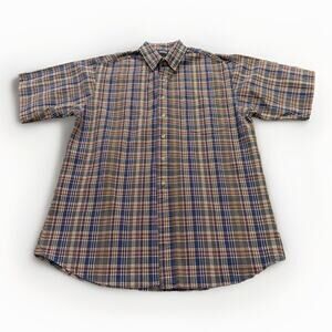 Vintage Bon Homme Mens Brown Blue Plaid Button Up Short Sleeve Shirt Size L